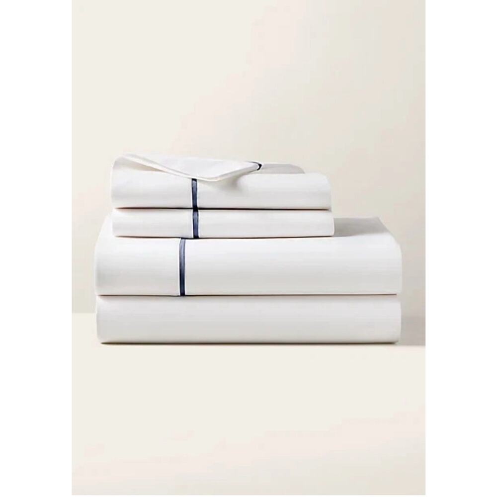 Ralph Lauren Palmer Percale Queen Flat Sheet White Polo Navy NEW